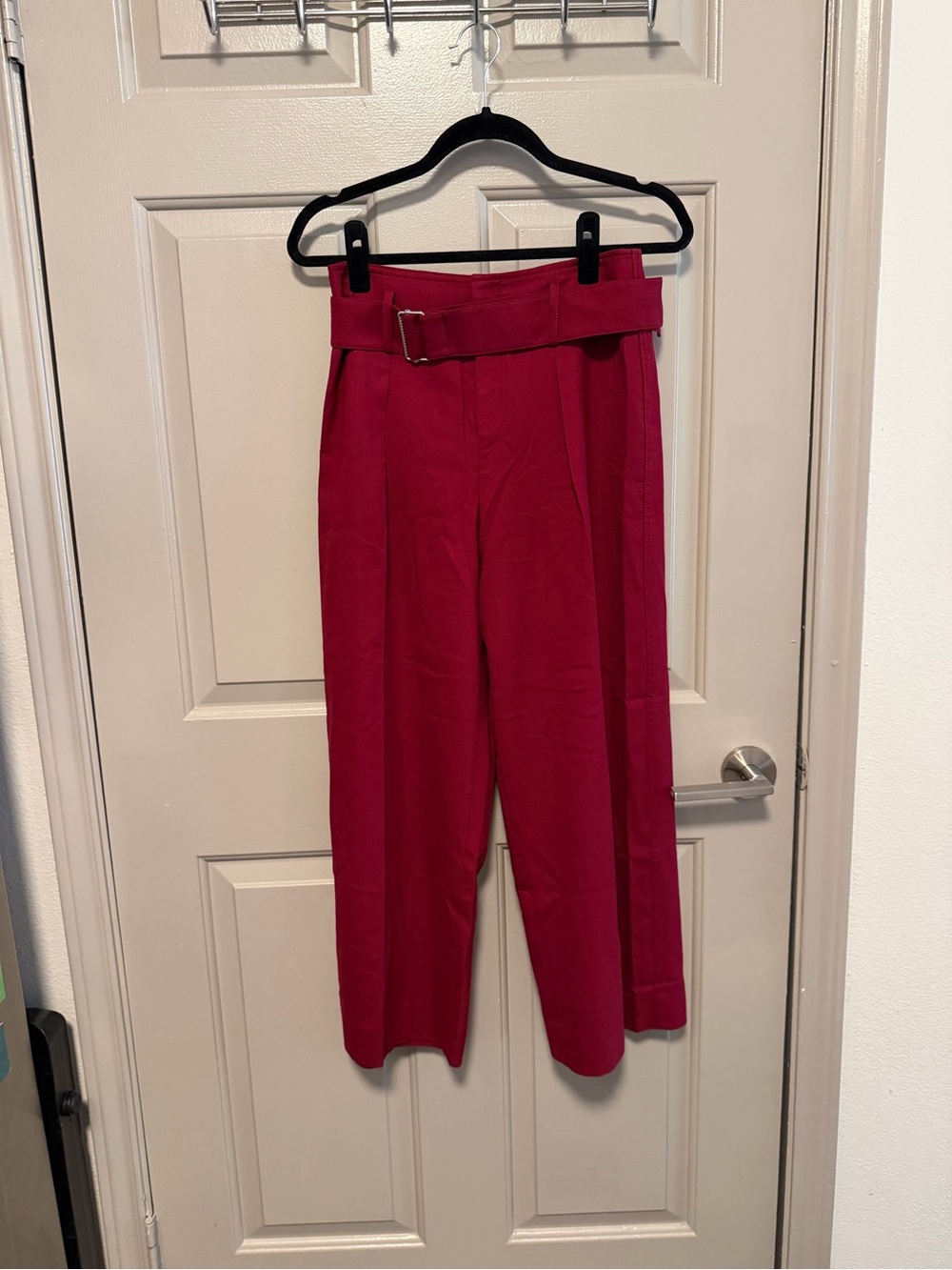 Club Monaco Wide-Leg Paperbag Pants in Red/Wine color with Belt